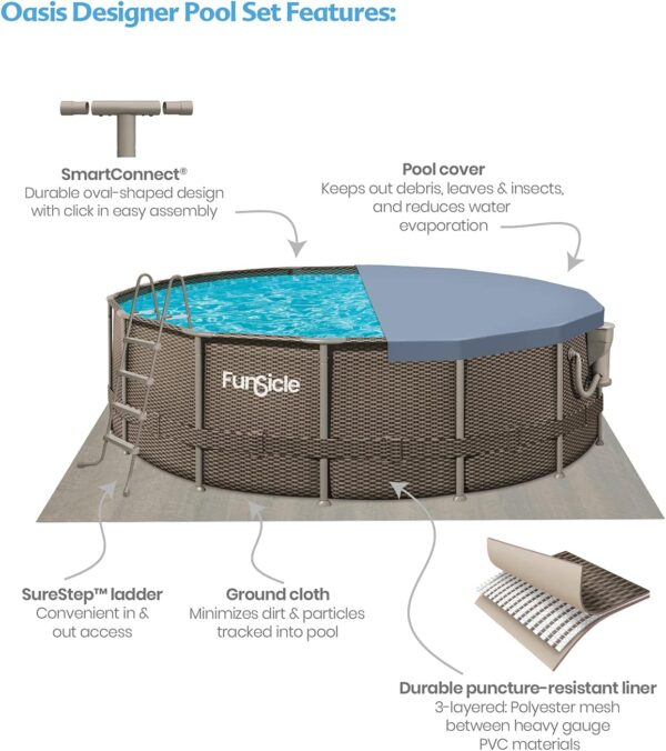 Funsicle 16ft x 48in Round Oasis Designer Above Ground Pool, Dark Double Rattan with SkimmerPlus Filter Pump & Ladder - MadeInUSA