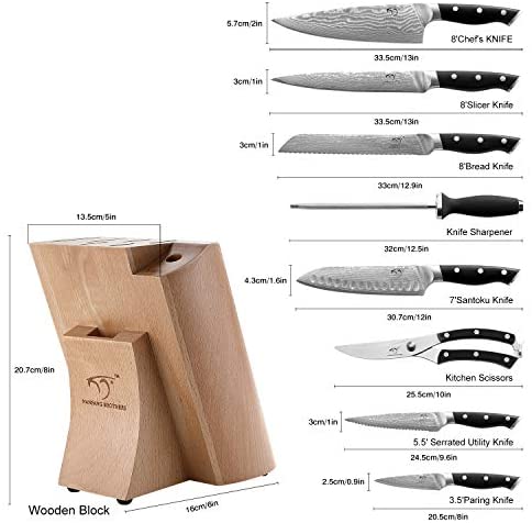 Kitchen Damascus Knife Set, 9-Piece Kitchen Knife Set with Block, ABS Ergonomic Handle for Chef Knife Set, Knife Sharpener and Kitchen Shears, Beechwood Block