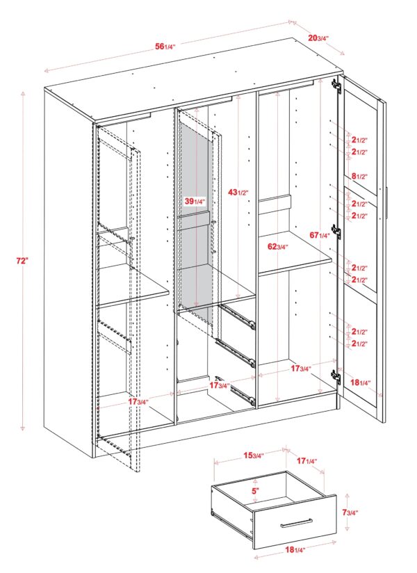 100% Solid Wood Cosmo 3-Door Wardrobe with Raised Panel Doors, Gray - Palace Imports 7115D - MadeInUSA