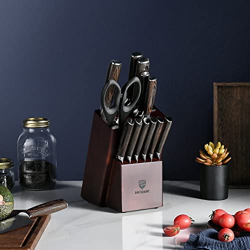 BRODARK Kitchen Knife Set with Block, Ultra Sharp 15 PCS German Stainless Steel Professional Chef Knife Set with 2 Stage Knife Sharpener, Ergonomic Handle Full Tang Forged Gift with Premium Box