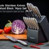 WELLSTAR Rainbow Knife Set 14 Pieces, Iridescent German Stainless Steel Kitchen Knives Set with Wooden Block, Colorful Titanium Coating, Chef’s Knife Block Set with Scissors and Built-in Sharpener