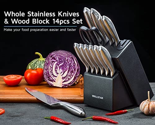WELLSTAR Rainbow Knife Set 14 Pieces, Iridescent German Stainless Steel Kitchen Knives Set with Wooden Block, Colorful Titanium Coating, Chef’s Knife Block Set with Scissors and Built-in Sharpener