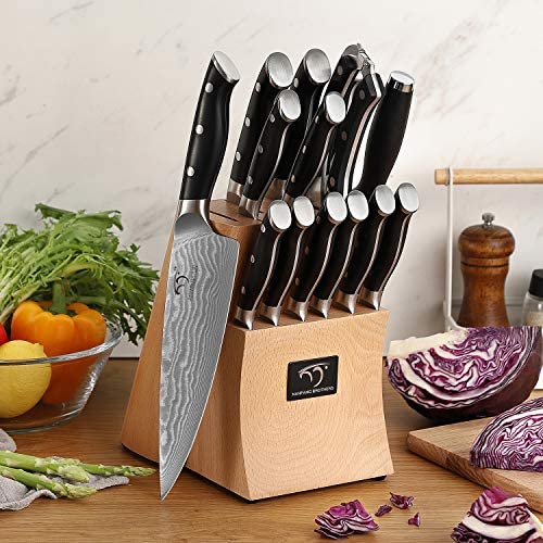 Kitchen Damascus Knife Set, 9-Piece Kitchen Knife Set with Block, ABS Ergonomic Handle for Chef Knife Set, Knife Sharpener and Kitchen Shears, Beechwood Block