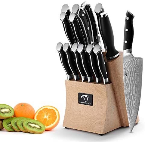 Kitchen Damascus Knife Set, 9-Piece Kitchen Knife Set with Block, ABS Ergonomic Handle for Chef Knife Set, Knife Sharpener and Kitchen Shears, Beechwood Block