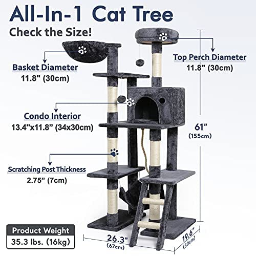 rabbitgoo Cat Tree Cat Tower 61" for Indoor Cats, Multi-Level Cat Condo with Hammock & Scratching Posts for Kittens