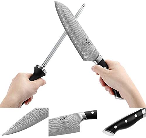 Kitchen Damascus Knife Set, 9-Piece Kitchen Knife Set with Block, ABS Ergonomic Handle for Chef Knife Set, Knife Sharpener and Kitchen Shears, Beechwood Block