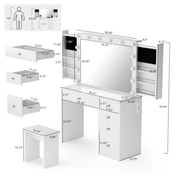 2FB52FF6-32A2-EBAC-A308-8CC44CB0826E RichYa Modern Vanity Desk Makeup Table with Large LED Mirror and Power Outlet with 2 Sliding Storage White Marble - MadeInUSA