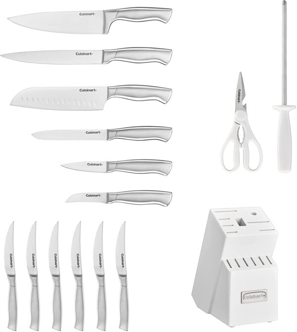 Cuisinart C77SS-15PK 15-Piece Stainless Steel Hollow Handle Block Set, Glossy White
