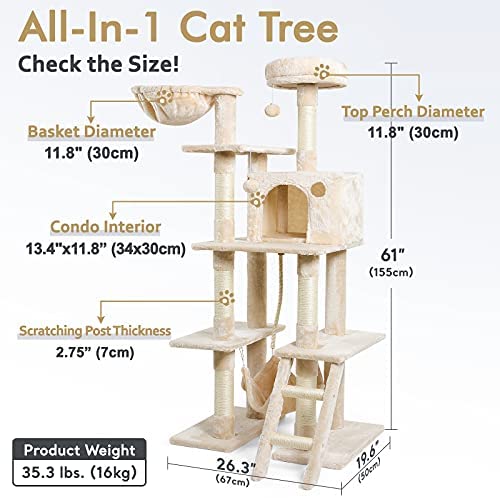 rabbitgoo Cat Tree Cat Tower 61" for Indoor Cats, Multi-Level Cat Condo with Hammock & Scratching Posts for Kittens