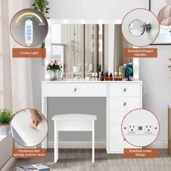3C27E39F-BC74-5B3A-75E3-F5590B857D37 RichYa Modern Vanity Desk Makeup Table with Large LED Mirror and Power Outlet with 2 Sliding Storage White Marble - MadeInUSA