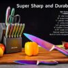 WELLSTAR Rainbow Knife Set 14 Pieces, Iridescent German Stainless Steel Kitchen Knives Set with Wooden Block, Colorful Titanium Coating, Chef’s Knife Block Set with Scissors and Built-in Sharpener