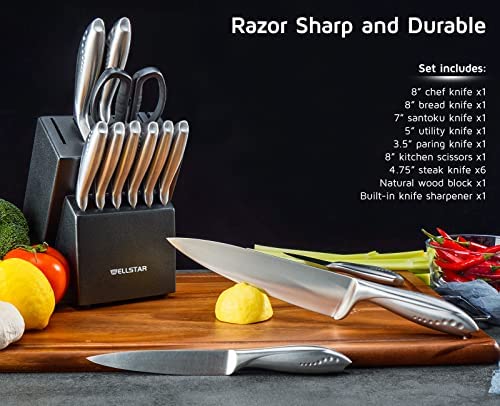 WELLSTAR Rainbow Knife Set 14 Pieces, Iridescent German Stainless Steel Kitchen Knives Set with Wooden Block, Colorful Titanium Coating, Chef’s Knife Block Set with Scissors and Built-in Sharpener