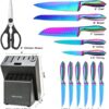 WELLSTAR Rainbow Knife Set 14 Pieces, Iridescent German Stainless Steel Kitchen Knives Set with Wooden Block, Colorful Titanium Coating, Chef’s Knife Block Set with Scissors and Built-in Sharpener