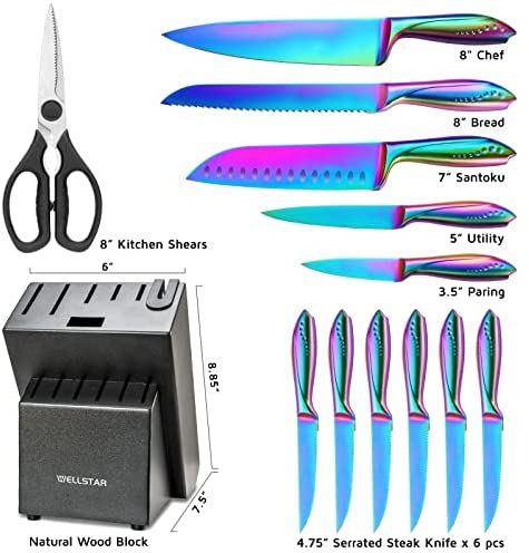 WELLSTAR Rainbow Knife Set 14 Pieces, Iridescent German Stainless Steel Kitchen Knives Set with Wooden Block, Colorful Titanium Coating, Chef’s Knife Block Set with Scissors and Built-in Sharpener