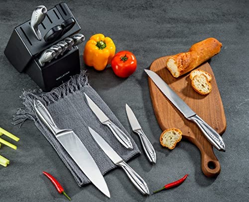 WELLSTAR Rainbow Knife Set 14 Pieces, Iridescent German Stainless Steel Kitchen Knives Set with Wooden Block, Colorful Titanium Coating, Chef’s Knife Block Set with Scissors and Built-in Sharpener