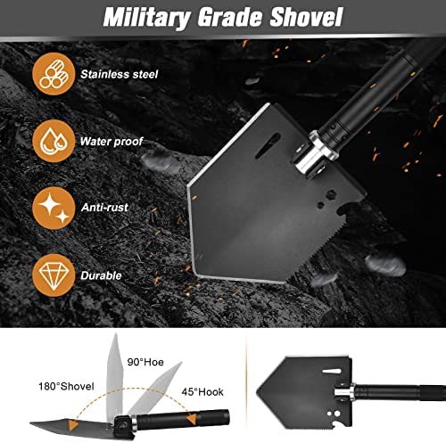 IUNIO Survival Off-Roading Tool Kit, Folding Shovel, Camping Axe, Multitool, Pickaxe, with Carrying Bag, for Outdoor, Car Emergency (Upgrade Black)