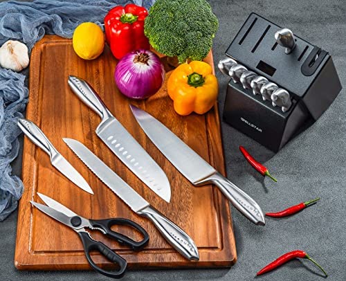 WELLSTAR Rainbow Knife Set 14 Pieces, Iridescent German Stainless Steel Kitchen Knives Set with Wooden Block, Colorful Titanium Coating, Chef’s Knife Block Set with Scissors and Built-in Sharpener
