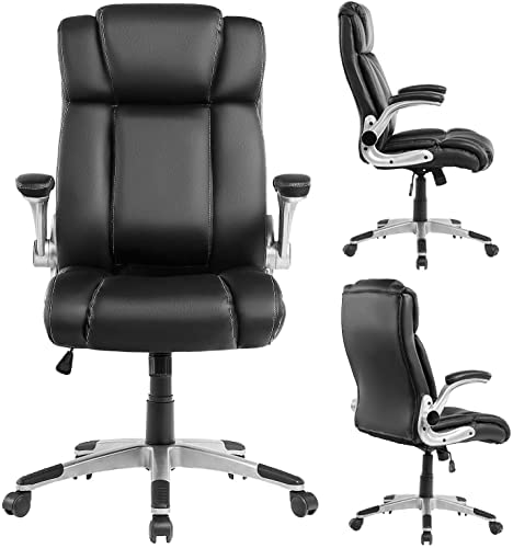 Executive Office Desk Chair with Flip-up Armrests, Executive Chair PU Leather Swivel Task Chair with Lumbar Support