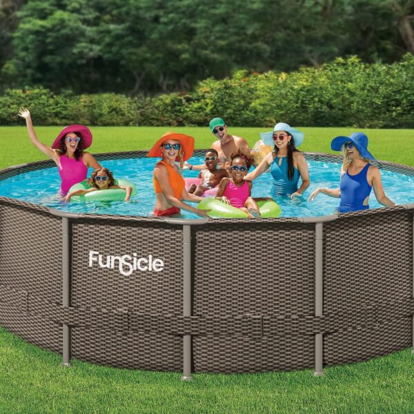 Funsicle 16ft x 48in Round Oasis Designer Above Ground Pool, Dark Double Rattan with SkimmerPlus Filter Pump & Ladder - MadeInUSA
