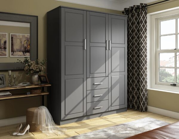 100% Solid Wood Cosmo 3-Door Wardrobe with Raised Panel Doors, Gray - Palace Imports 7115D - MadeInUSA