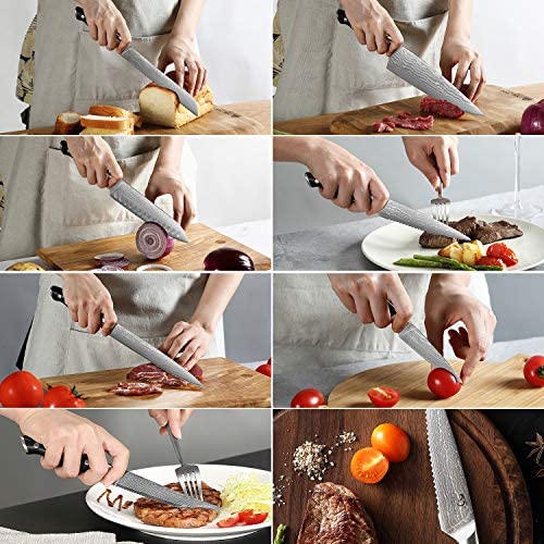 Kitchen Damascus Knife Set, 9-Piece Kitchen Knife Set with Block, ABS Ergonomic Handle for Chef Knife Set, Knife Sharpener and Kitchen Shears, Beechwood Block