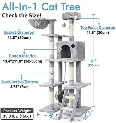 rabbitgoo Cat Tree Cat Tower 61" for Indoor Cats, Multi-Level Cat Condo with Hammock & Scratching Posts for Kittens