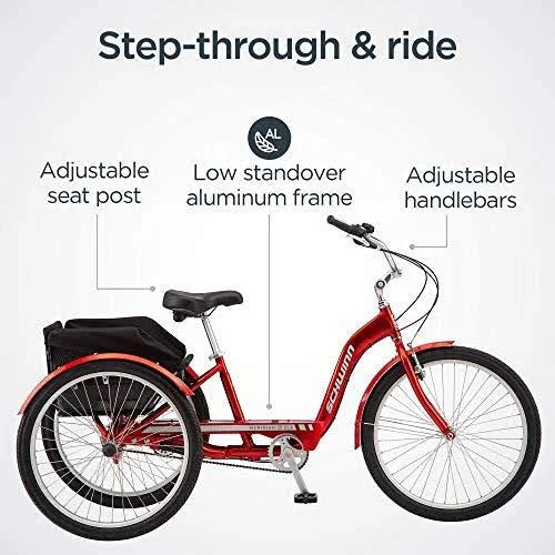 Schwinn Meridian Deluxe Adult Tricycle Bike, Three Wheel Cruiser, 26-inch Wheels, Low Step-Through Aluminum Frame, Adjustable Handlebars, Large - MadeInUSA