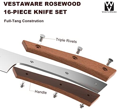 Vestaware Knife Set, 16-Piece Chef Knife Set with Knife Sharpener, Stainless Steel Kitchen Knives Set with Wooden Block, 6 Steak Knives and Bonus Scissors