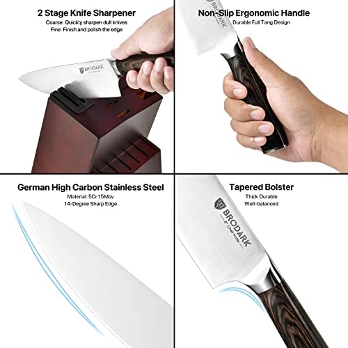 BRODARK Kitchen Knife Set with Block, Ultra Sharp 15 PCS German Stainless Steel Professional Chef Knife Set with 2 Stage Knife Sharpener, Ergonomic Handle Full Tang Forged Gift with Premium Box
