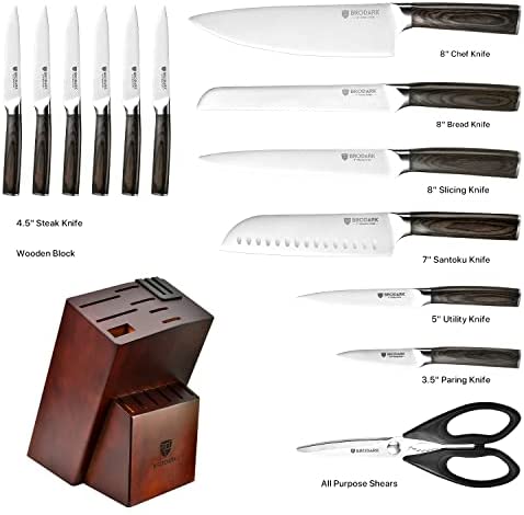 BRODARK Kitchen Knife Set with Block, Ultra Sharp 15 PCS German Stainless Steel Professional Chef Knife Set with 2 Stage Knife Sharpener, Ergonomic Handle Full Tang Forged Gift with Premium Box