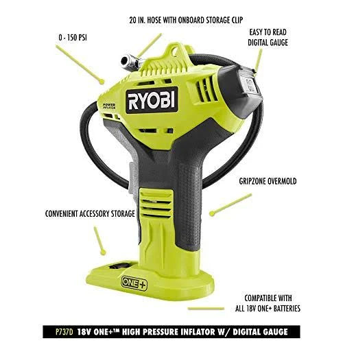 7739A9A8-6CCB-63FE-279F-2A79520D2736 Ryobi P737D 18-Volt One+ Cordless High Pressure Inflator with Digital Gauge, 4.0 Ah 18-Volt One+ High Capacity Lithium-Ion Battery, Charger, and Bag - MadeInUSA