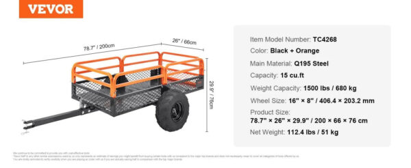 7D8124B7-9949-02B1-BA56-24386DC64830 VEVOR Heavy Duty Steel ATV Dump Trailer, 1500-Pound Load Capacity 15 Cubic Feet, Tow Behind Dump Cart Garden Trailer, with Removable Sides and 2 - MadeInUSA