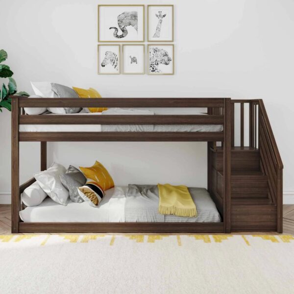 7EF347CC-AD26-6A94-4C3B-2727D2F86E17 Max and Lily Twin Over Twin Low Bunk Bed with Staircase - Pecan - MadeInUSA