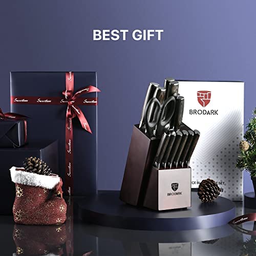 BRODARK Kitchen Knife Set with Block, Ultra Sharp 15 PCS German Stainless Steel Professional Chef Knife Set with 2 Stage Knife Sharpener, Ergonomic Handle Full Tang Forged Gift with Premium Box