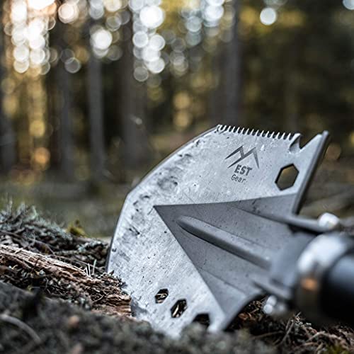 EST Gear Survival Shovel 18-in-1 Military Gear Folding Compact Tactical Entrenching Tool for Camping, Backpacking and Emergencies, Lifetime Replacement