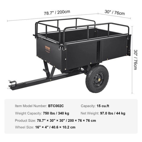 84F28D6D-6DC1-8BED-47EA-6732FD766CF3 VEVOR Heavy Duty ATV Trailer Steel Dump Cart, 750-Pound 15 Cubic Feet, Garden Utility Trailer with Removable Sides for Riding L - MadeInUSA