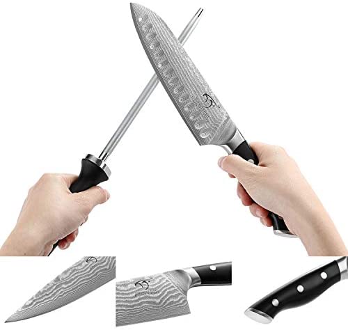 Kitchen Damascus Knife Set, 9-Piece Kitchen Knife Set with Block, ABS Ergonomic Handle for Chef Knife Set, Knife Sharpener and Kitchen Shears, Beechwood Block