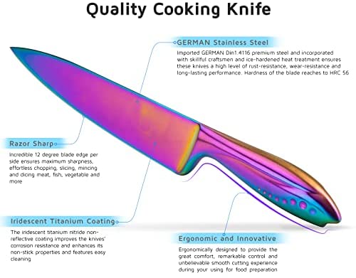 WELLSTAR Rainbow Knife Set 14 Pieces, Iridescent German Stainless Steel Kitchen Knives Set with Wooden Block, Colorful Titanium Coating, Chef’s Knife Block Set with Scissors and Built-in Sharpener