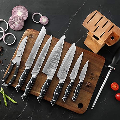 Kitchen Damascus Knife Set, 9-Piece Kitchen Knife Set with Block, ABS Ergonomic Handle for Chef Knife Set, Knife Sharpener and Kitchen Shears, Beechwood Block