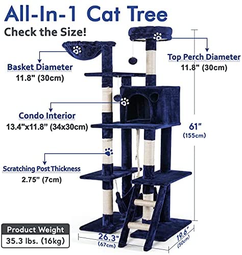 rabbitgoo Cat Tree Cat Tower 61" for Indoor Cats, Multi-Level Cat Condo with Hammock & Scratching Posts for Kittens