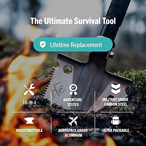 EST Gear Survival Shovel 18-in-1 Military Gear Folding Compact Tactical Entrenching Tool for Camping, Backpacking and Emergencies, Lifetime Replacement