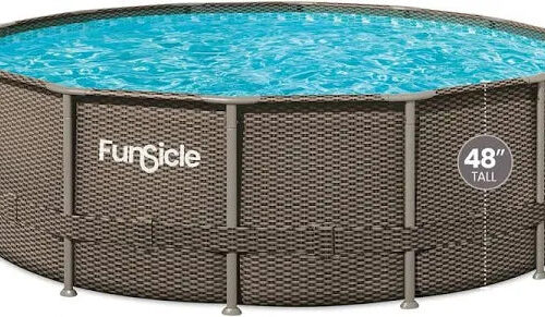 Funsicle 16ft x 48in Round Oasis Designer Above Ground Pool, Dark Double Rattan with SkimmerPlus Filter Pump & Ladder - MadeInUSA