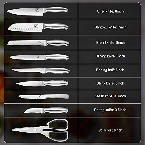 Kitchen Knives Set with Block, imarku 15-Pieces High Carbon German Steel Knife Set, Knife Block Set with Built-in Sharpener, Sliver