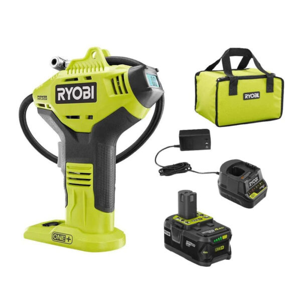9F3CBCBC-44DC-A575-DB10-DFFD15A69634 Ryobi P737D 18-Volt One+ Cordless High Pressure Inflator with Digital Gauge, 4.0 Ah 18-Volt One+ High Capacity Lithium-Ion Battery, Charger, and Bag - MadeInUSA