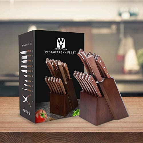 Vestaware Knife Set, 16-Piece Chef Knife Set with Knife Sharpener, Stainless Steel Kitchen Knives Set with Wooden Block, 6 Steak Knives and Bonus Scissors