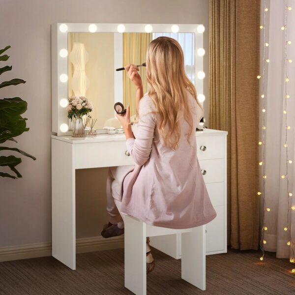 B66065E5-B1A3-BFBD-9FA1-EF4796983DF4 RichYa Modern Vanity Desk Makeup Table with Large LED Mirror and Power Outlet with 2 Sliding Storage White Marble - MadeInUSA
