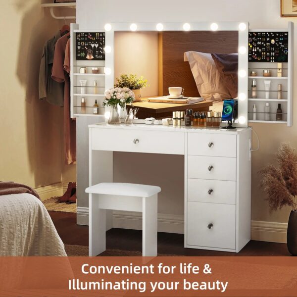 E986A3E0-24AA-AA9C-DAB3-4643F97D5B0D RichYa Modern Vanity Desk Makeup Table with Large LED Mirror and Power Outlet with 2 Sliding Storage White Marble - MadeInUSA