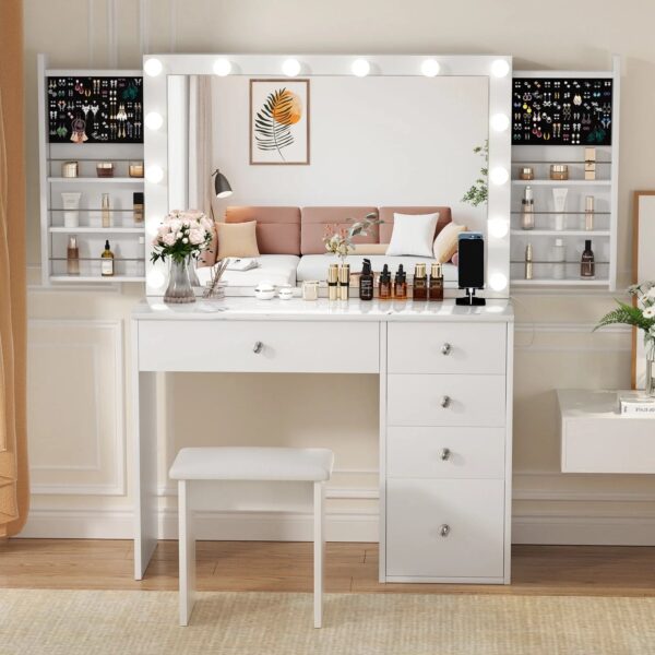 F9BF30D7-059E-6B56-9E5F-CE104C3CEA21 RichYa Modern Vanity Desk Makeup Table with Large LED Mirror and Power Outlet with 2 Sliding Storage White Marble - MadeInUSA