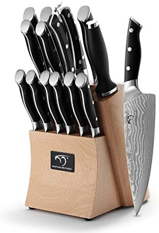 Kitchen Damascus Knife Set, 9-Piece Kitchen Knife Set with Block, ABS Ergonomic Handle for Chef Knife Set, Knife Sharpener and Kitchen Shears, Beechwood Block