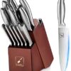 Kitchen Knives Set with Block, imarku 15-Pieces High Carbon German Steel Knife Set, Knife Block Set with Built-in Sharpener, Sliver